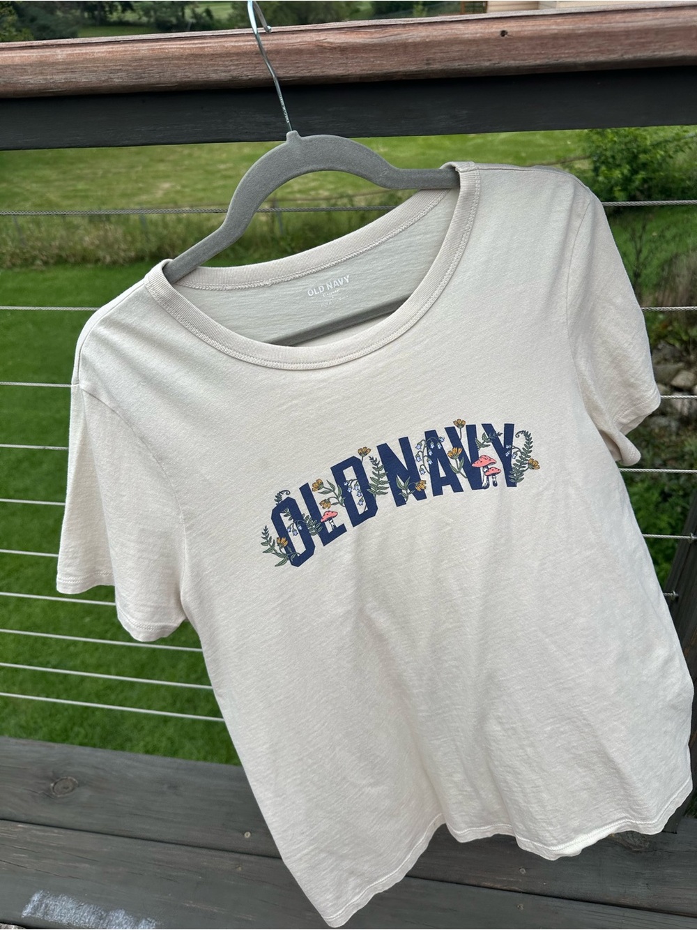 Old Navy Cream Tee with Navy Logo and Floral Accents